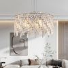 24" Luxurious Round Silver Crystal Chandelier, Contemporary Rectangular Pendant Light for Dining Room
