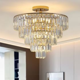 Gold Crystal Chandeliers, 5-Tier Round Semi Flush Mount Chandelier Light Fixture