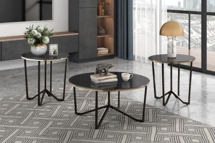 Round Coffee Table and End Tables 3pc Set Black Tempered Glass Top Metal Frame Modern Living Room Furniture