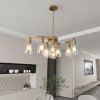 9-Light Gold Glass Chandelier, Adjustable Height Dining Room Light Fixtures Over Table