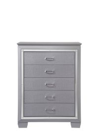 1pc Modern Five Drawer Tall Chest Mirror Accents Chrome Finish Hardware Faux Crystal Accent Silver Finish
