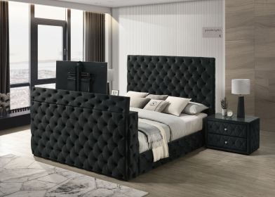 Luxurious King Size Bed Nightstand Set Deeply Tufted Headboard Upholstery Black Velvet Footboard Integrated Television Lift Mechanism Storage 3pc Set