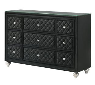 1pc Traditional Nine Drawers Velvet Tufted Drawer Fronts Faux Crystal Drawer Knobs Diamond-patterned Tufted Accents Black