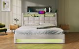 Queen size Upholstered Platform bed with a Hydraulic Storage System, LED and USB Charging