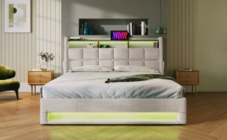 Queen size Upholstered Platform bed with a Hydraulic Storage System, LED and USB Charging