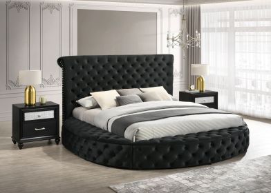 Unique Round Plush Black Velvet Button-Tufted Detailing Storage Bed Queen Size Black 2x Nightstands Wooden Bedroom Furniture 3pc Set