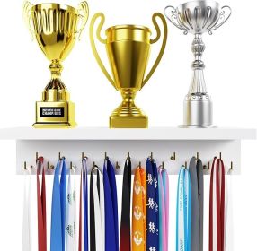 Medal Hanger Display and Trophy Shelf with Hooks - Wooden Medal Holder for Wall Mount Ribbon Display