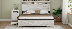 Queen size bed frame headboard with LED lights and charging station cushion platform bed frame