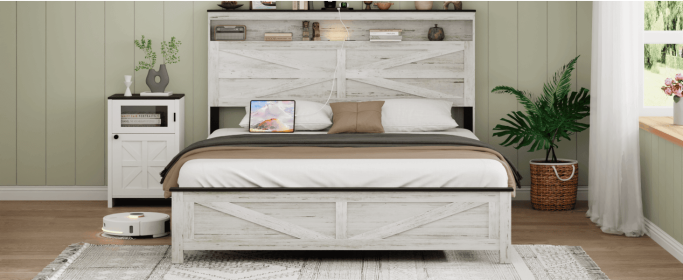 Queen size bed frame headboard with LED lights and charging station cushion platform bed frame