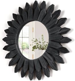 Black Wall Decor Wall Mirror 12 inch Boho Wall Decor Wood Decorative Mirror for Room Decor Home Decor for Bedroom Living Room Bathroom Kitchen Black