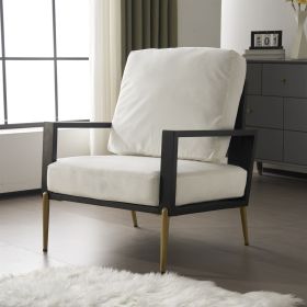 Modern Low Back White Upholstered Accent Armchair with Gold Metal Legs & Rubberwood Frame
