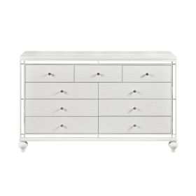 Glamorous Metallic White Finish Dresser of 9x Drawers Faux Crystal Knobs Modern Bedroom Furniture