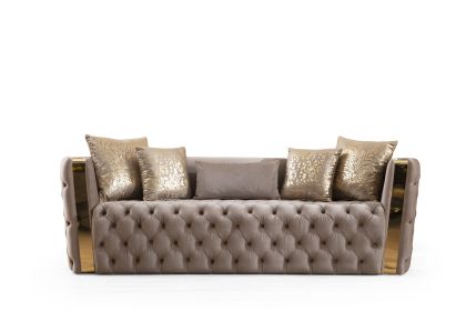 Naomi Button Tufted Sofa with Velvet Fabric and Gold Accent in Taupe