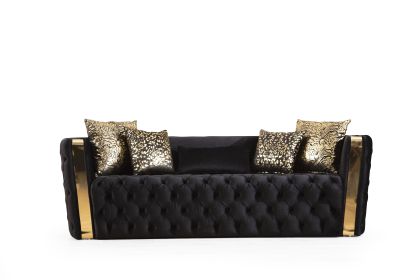 Naomi Button Tufted Sofa Finished with Velvet Fabric and Gold Accent in Black