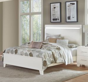 White High Gloss Finish Modern Queen Bed 1pc LED Light Headboard Faux Leather Upholstered Wooden Furniture