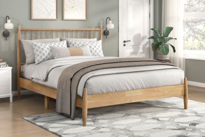 Mid-Century Modern Design Full Platform Bed 1pc Natural Finish Wooden Bedroom Furniture Vertical Slats Headboard