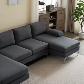 280*130*85 U-Shaped 4-Seat Linen Seat Frame Wooden Frame Back Iron Frame Silver Feet Indoor Modular Sofa Dark Gray