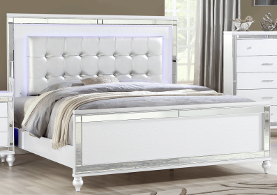 Queen Size Upholstered LED Bed made with wood in White Color