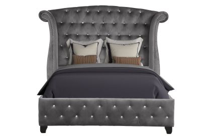 Modern style Crystal Tufted Queen Bed made with wood in Gray