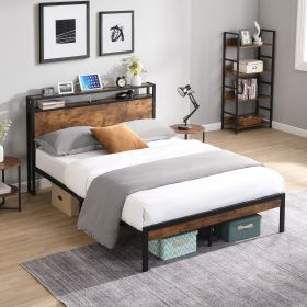 Full Size Metal Platform Bed Frame with Wooden Headboard and Footboard with USB LINER