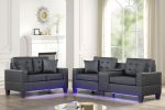 Genesis Black PVC Fabric Sofa Loveseat Living Room Set with LED Lights, USB Charger