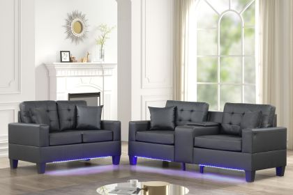 Genesis Black PVC Fabric Sofa Loveseat Living Room Set with LED Lights, USB Charger