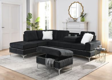 Sectional 3-Seaters Sofa with Reversible Chaise, Storage Ottoman and Cup Holders