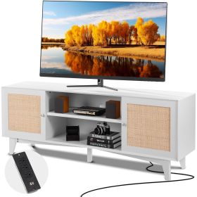 VEVOR Rattan TV Stand for 75in TV, Boho TV Stand with Rattan Door, Entertainment Center with Build-in Socket