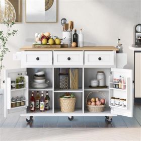 Kitchen Cart with Rubber wood Drop-Leaf Countertop, Cabinet door internal storage racks