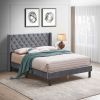 Velvet Button Tufted-Upholstered Bed with Wings Design - Strong Wood Slat Support - Easy Assembly - Gray