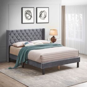 Velvet Button Tufted-Upholstered Bed with Wings Design - Strong Wood Slat Support - Easy Assembly - Gray