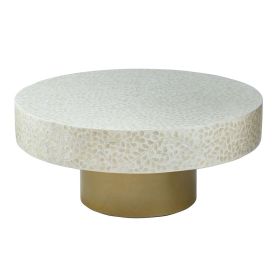 35x35x16" Unique Cream Capiz Coffee Table with Gold Pedestal Base