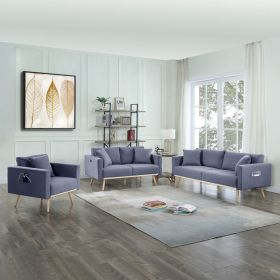 Easton Dark Gray Linen Fabric Sofa Loveseat Chair Living Room Set with USB Charging Ports Pockets & Pillows