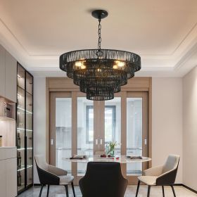 Rustic 5-Tier Black Hemp Rope Chandelier with 8 E12 Sockets, UL Listed Hardwired Pendant Light