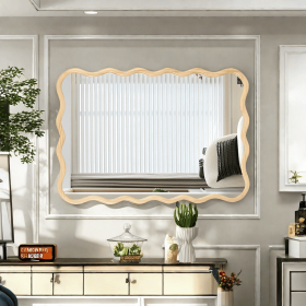 Solid Wood Wavy Rectangle Mirror-Natural-Wood 40" x 28" Modern Mirror Wall Decor for Bathroom
