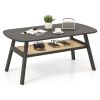 2-Tier Rectangular Center Coffee Table with Rattan Storage Shelf and Rubber Wood Legs