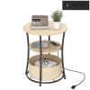 Round Side Table with Charging Station, 3-Tier End Table with Fabric Storage Bag and Shelf