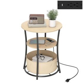 Round Side Table with Charging Station, 3-Tier End Table with Fabric Storage Bag and Shelf