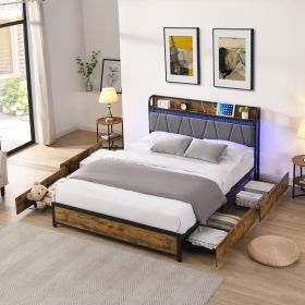 Queen Size Bed Frame, Storage Headboard with Charging Station and 4 Storage Drawers