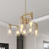 9-Light Gold Glass Chandelier, Adjustable Height Dining Room Light Fixtures Over Table