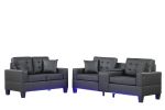 Genesis Black PVC Fabric Sofa Loveseat Living Room Set with LED Lights, USB Charger