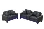 Genesis Black PVC Fabric Sofa Loveseat Living Room Set with LED Lights, USB Charger