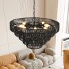 Rustic 5-Tier Black Hemp Rope Chandelier with 8 E12 Sockets, UL Listed Hardwired Pendant Light