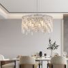 24" Luxurious Round Silver Crystal Chandelier, Contemporary Rectangular Pendant Light for Dining Room