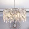 24" Luxurious Round Silver Crystal Chandelier, Contemporary Rectangular Pendant Light for Dining Room