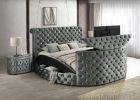 Luxurious Queen Size Bed Nightstand Set Deeply Tufted Headboard Nail Head Trim Upholstery Grey Velvet Footboard Integrated Television Lift Mechanism B