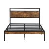 Full Size Metal Platform Bed Frame with Wooden Headboard and Footboard with USB LINER