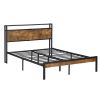 Full Size Metal Platform Bed Frame with Wooden Headboard and Footboard with USB LINER