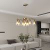 9-Light Gold Glass Chandelier, Adjustable Height Dining Room Light Fixtures Over Table