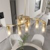 9-Light Gold Glass Chandelier, Adjustable Height Dining Room Light Fixtures Over Table